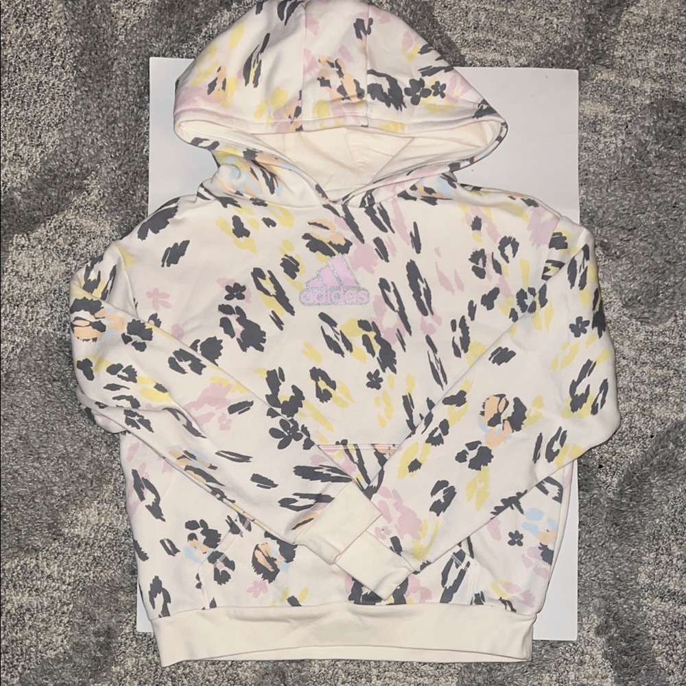 Adidas all over print fleece hoodie Girls Youth L (Size 14)